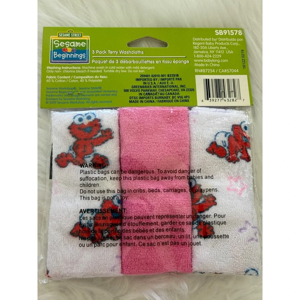 Sesame Street Sesame Beginnings Baby Terry Washcloths 3 Pack Elmo Pink SB91578
